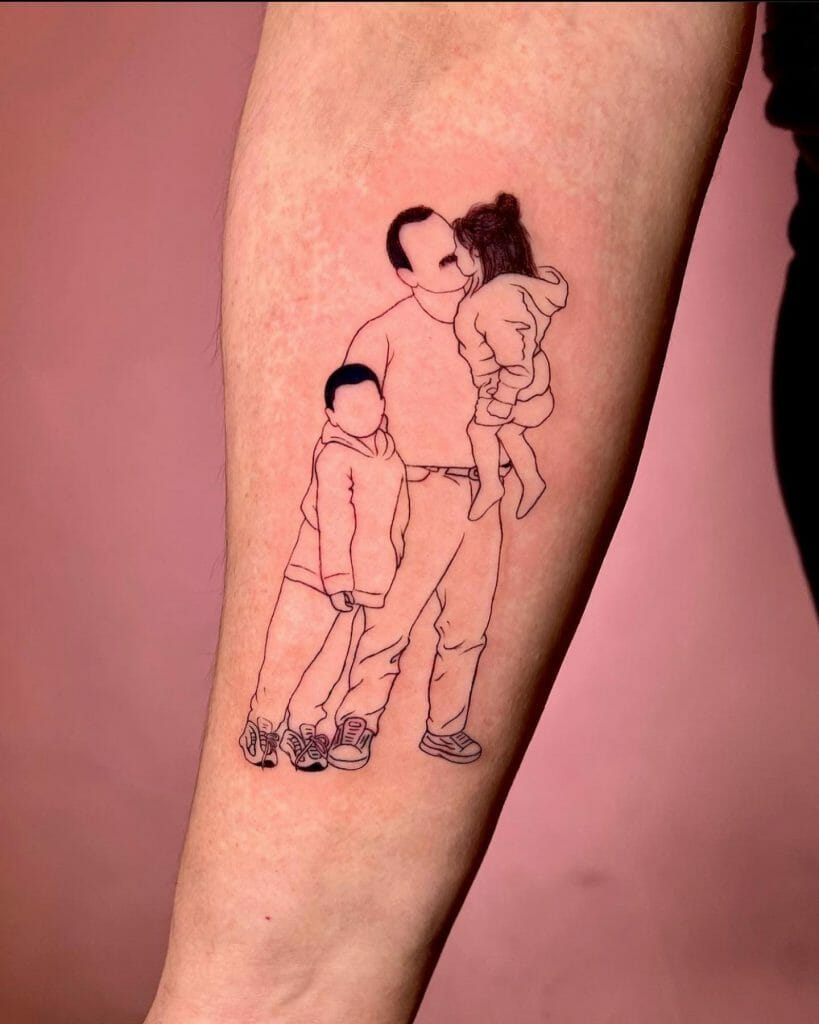 Father And Children Outline Tattoo