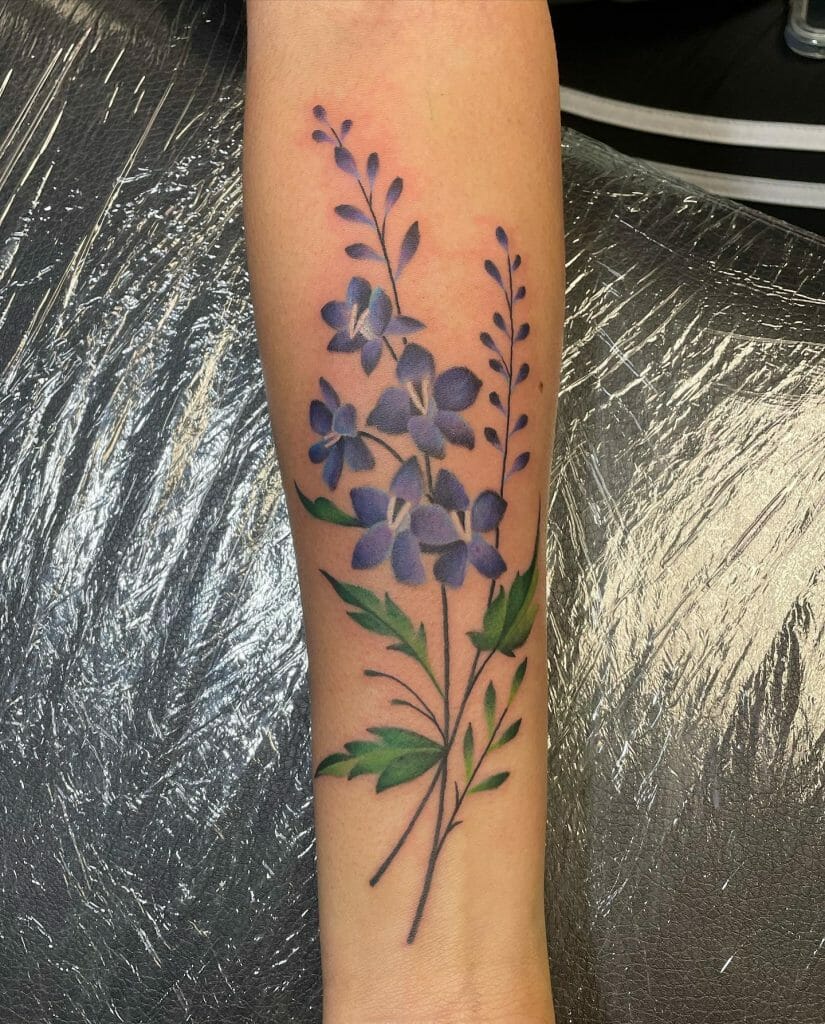 Feminine Larkspur Tattoo Ideas For Women Born In The Month Of July