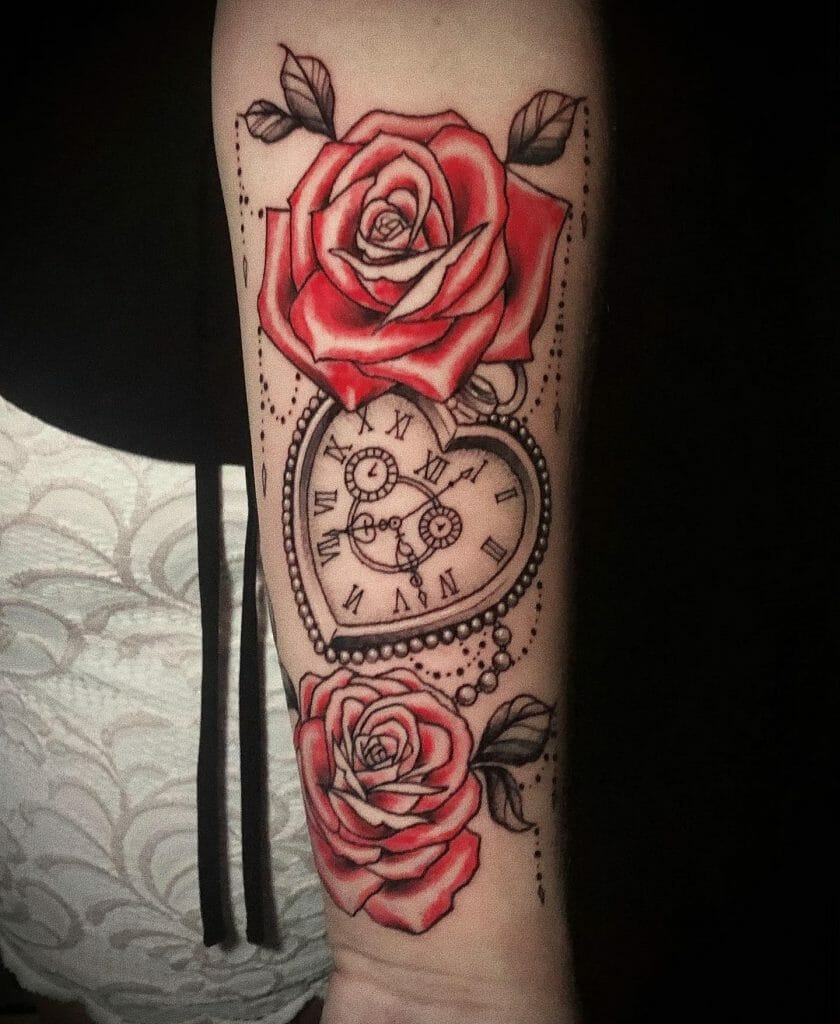 Feminine Rose and Clock Tattoos