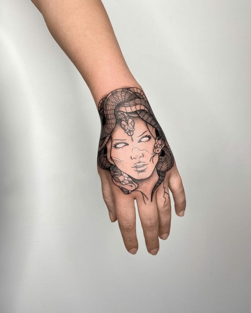 Fierce Medusa Hand Tattoo