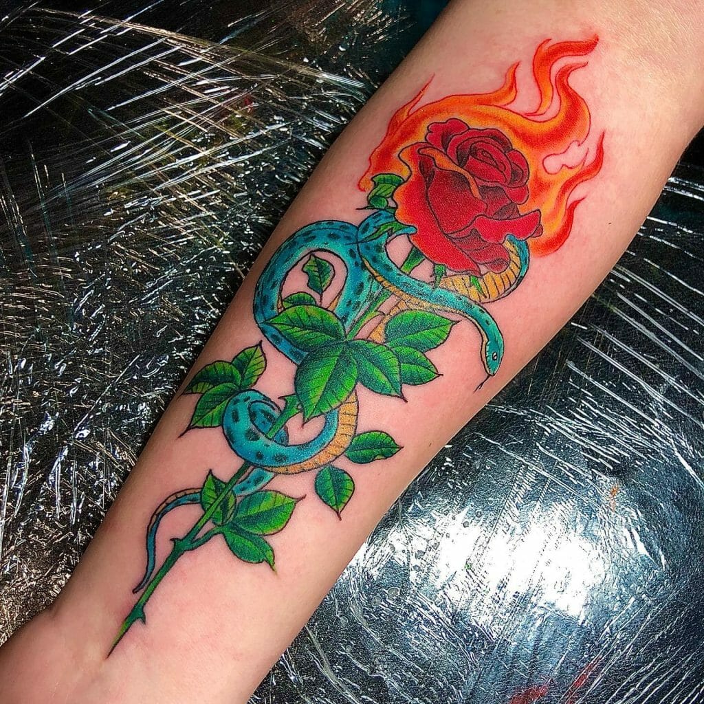 Flaming Rose With Snake Tattoo
