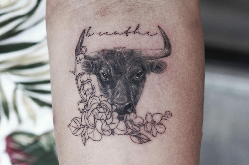 Floral Realistic Taurus Bull Tattoos