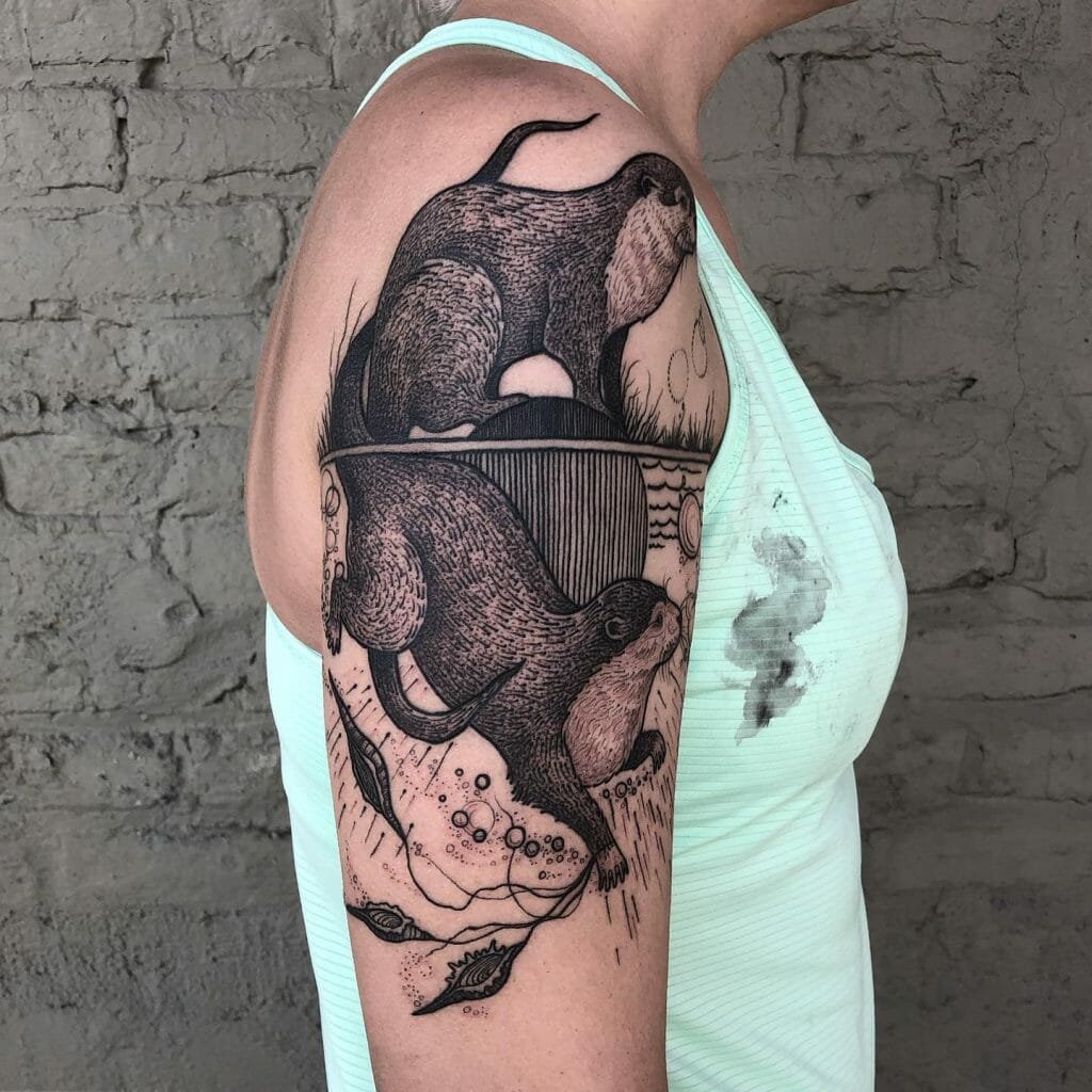 Full Arm Twin Clawed Otter Tattoo