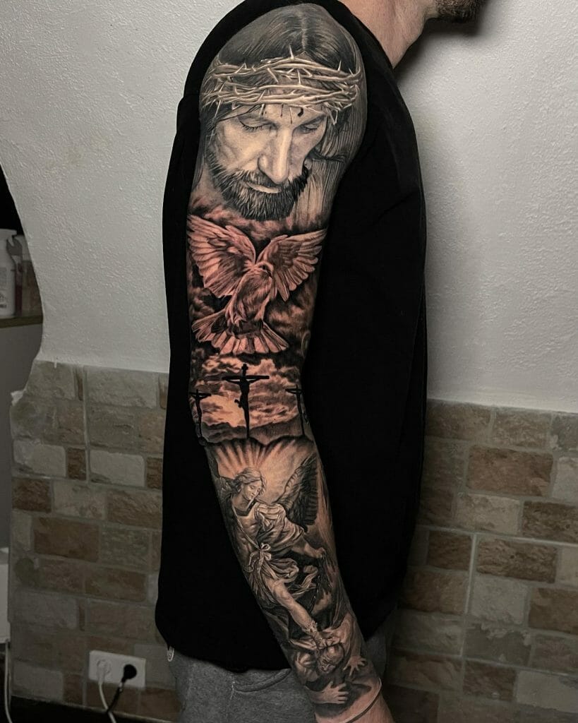Full Sleeve Christian Tattoo With Jesus Christ And Other Elements