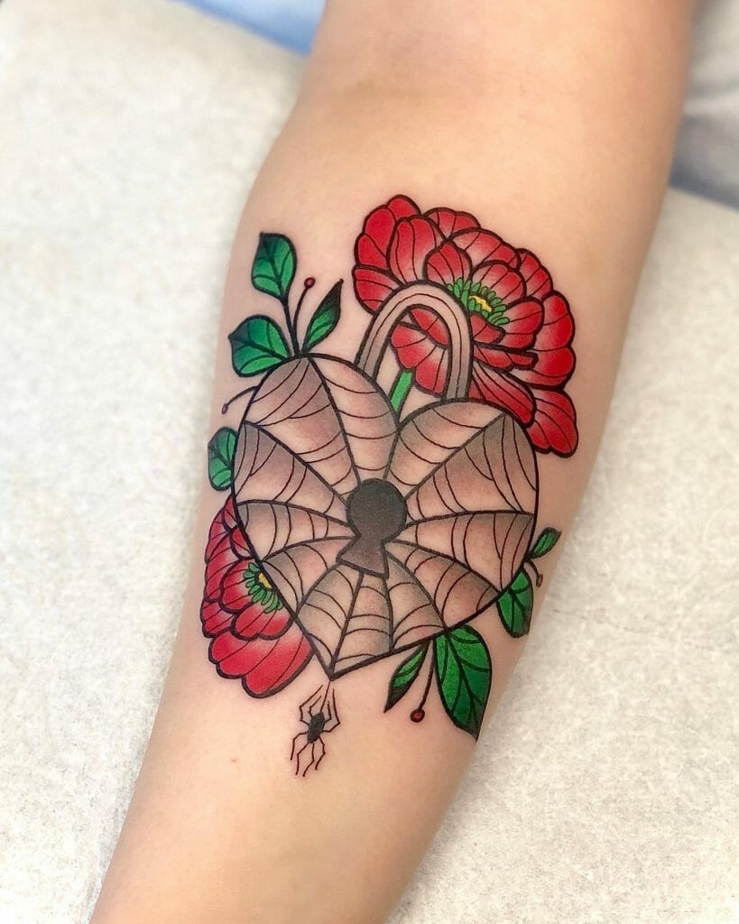 Girly Heart Locket Tattoo With Roses