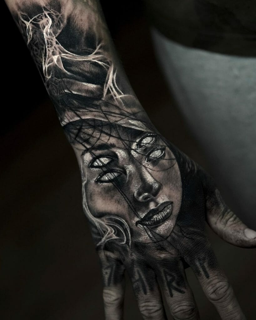 Half Sleeve Scary Tattoo With The White Eyes