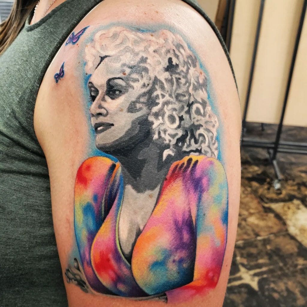 Half-Tattoo Sleeves With Dolly Parton Reference