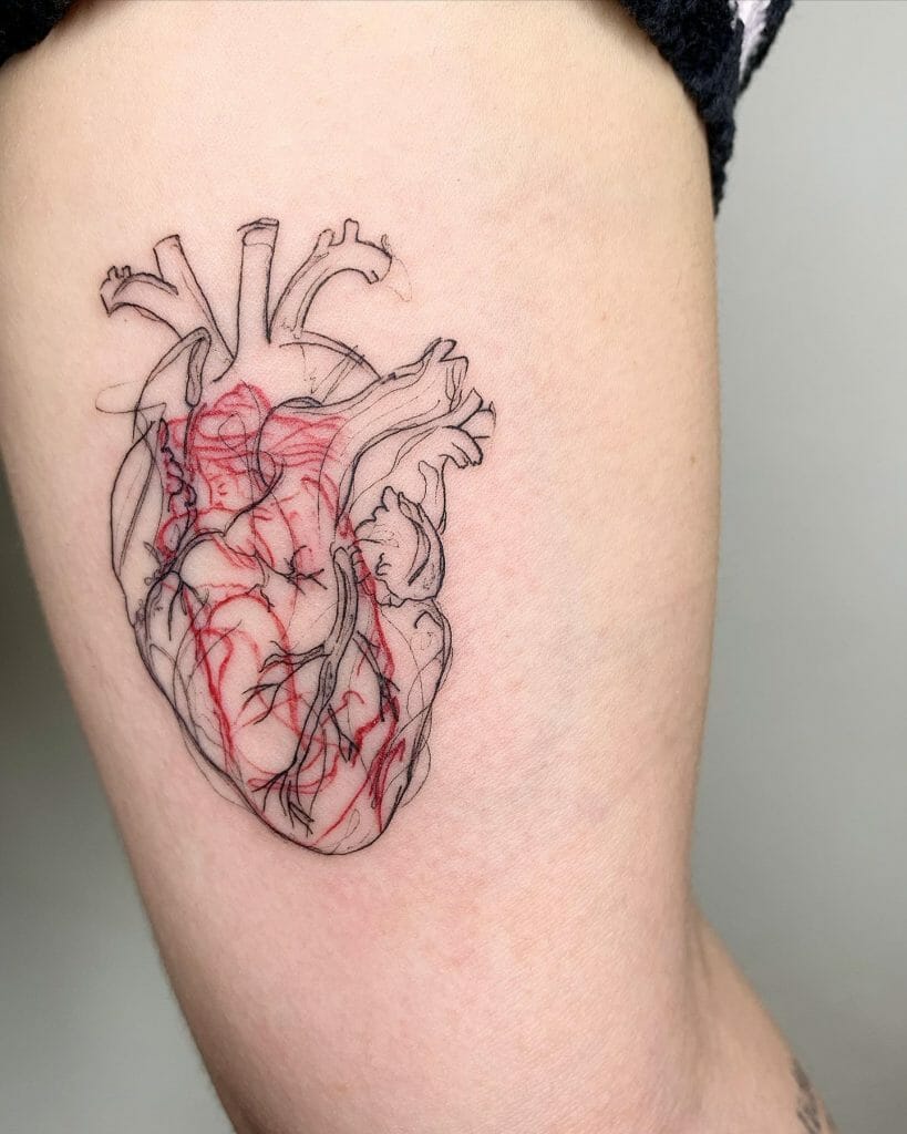 Heart Outline Tattoo In Red And Black Ink