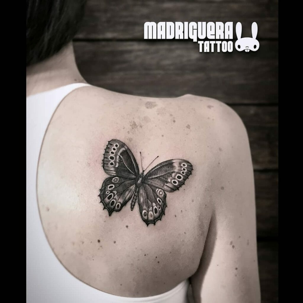 Jet Black Butterfly Tattoo On Shoulder