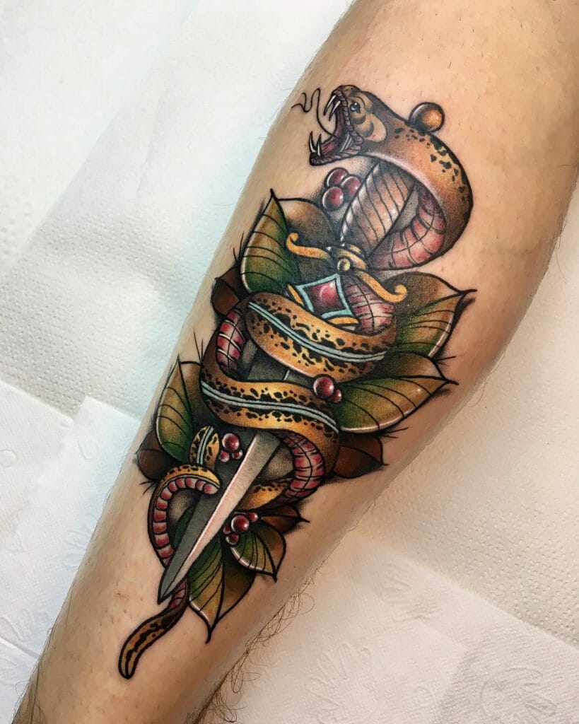 Leaf Snake And Dagger Tattoo
