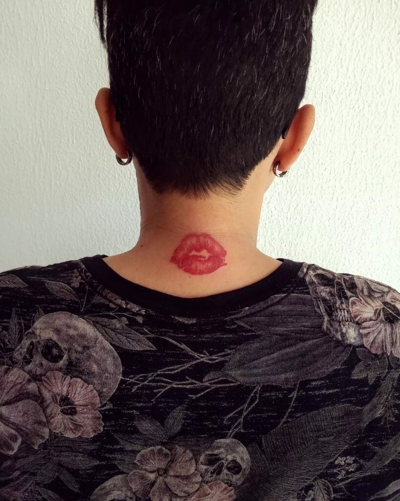 Lip Tattoo On Back Of Neck