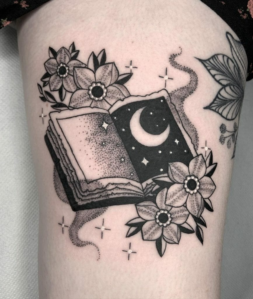 Magical Open Book Spell Tattoo Design