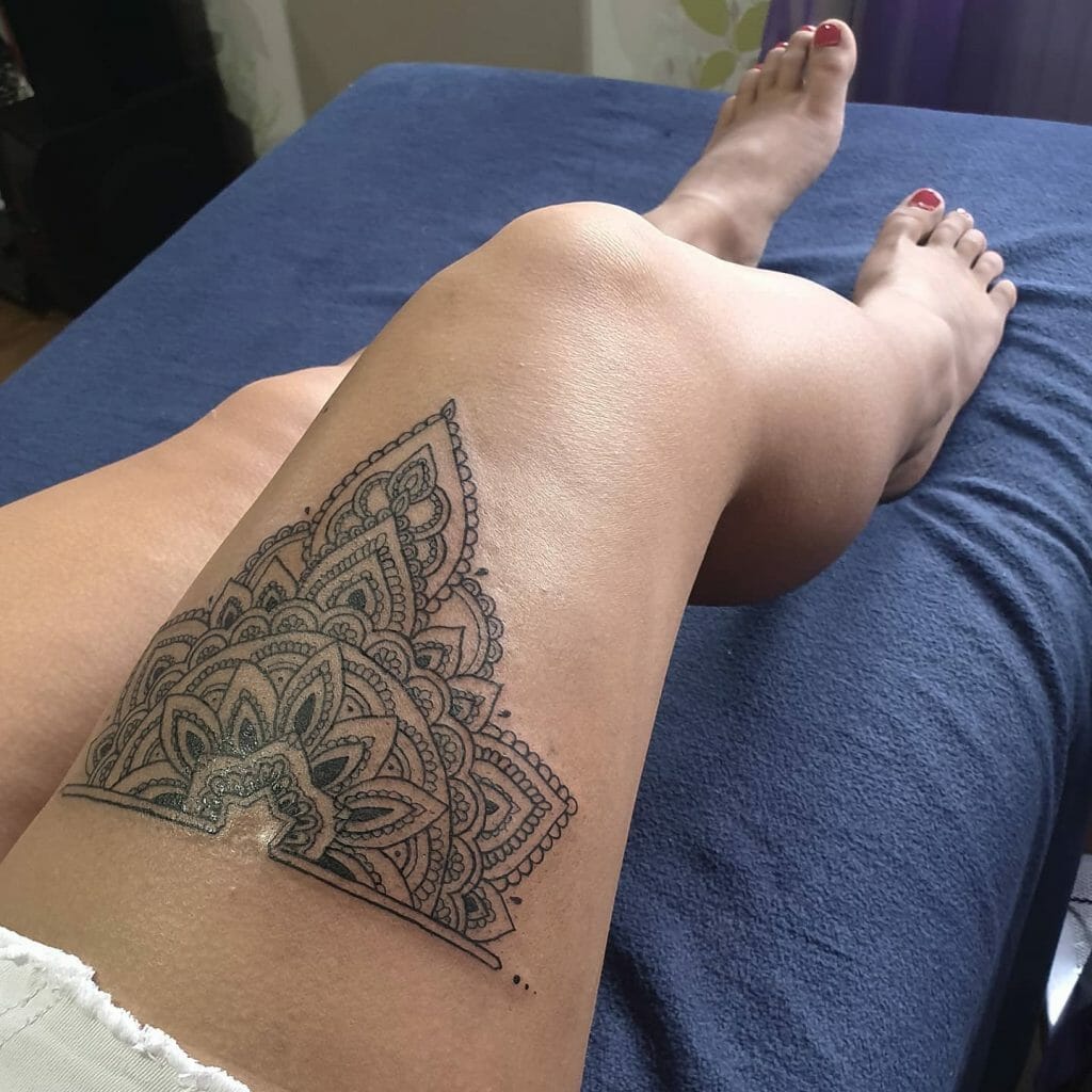 Mandala Style Above The Knee Tattoo For Women