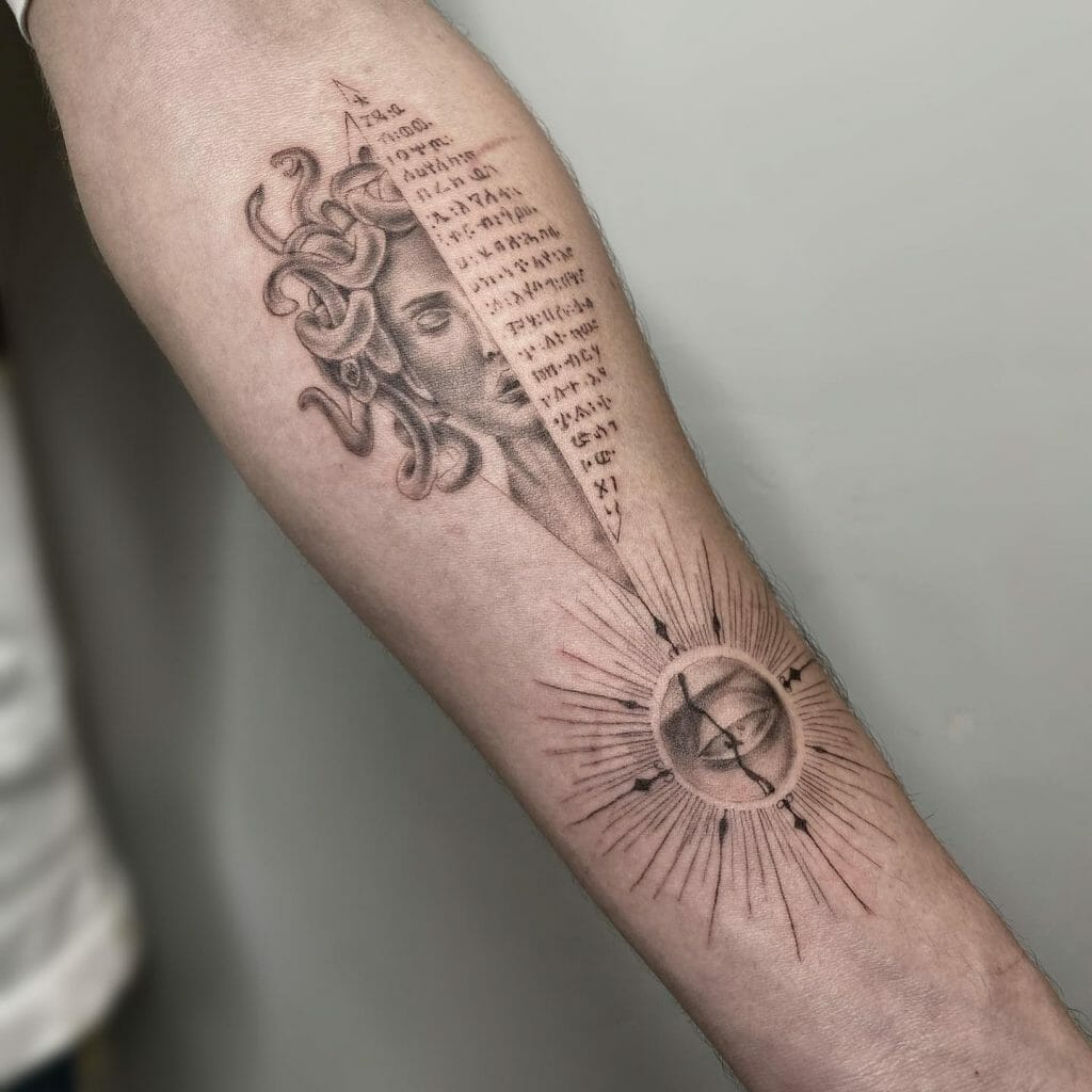Medusa Inscription Tattoo On ForeArm