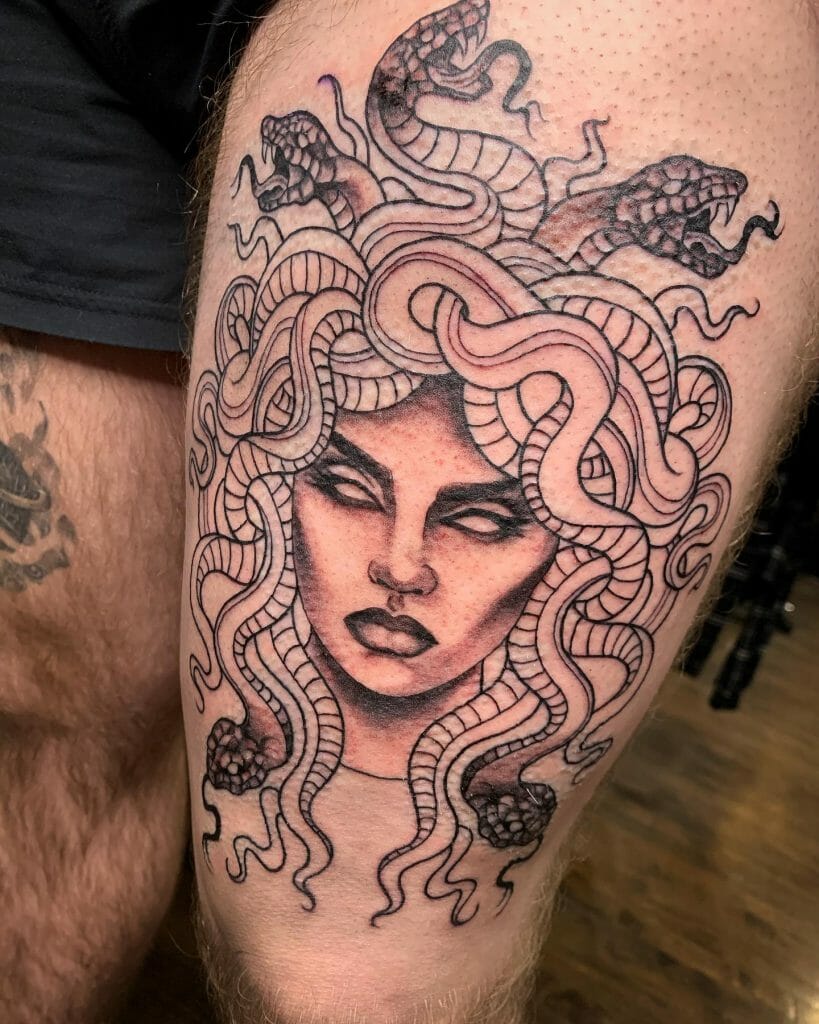 Medusa Snake Tattoo On Thigh