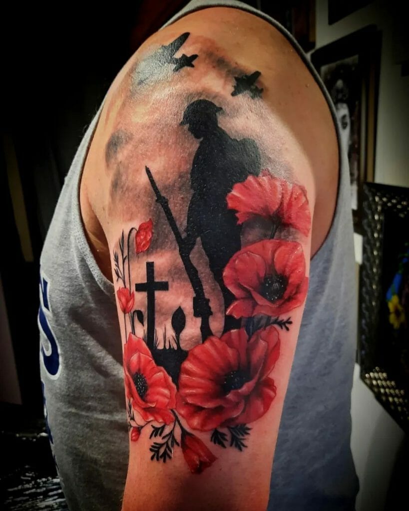 Memorial Soldier Tattoo With Flowers ideas