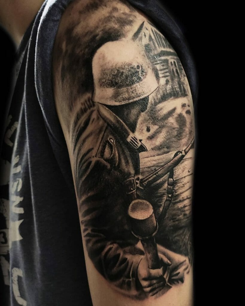 Military Man Tattoo In Black And Grey