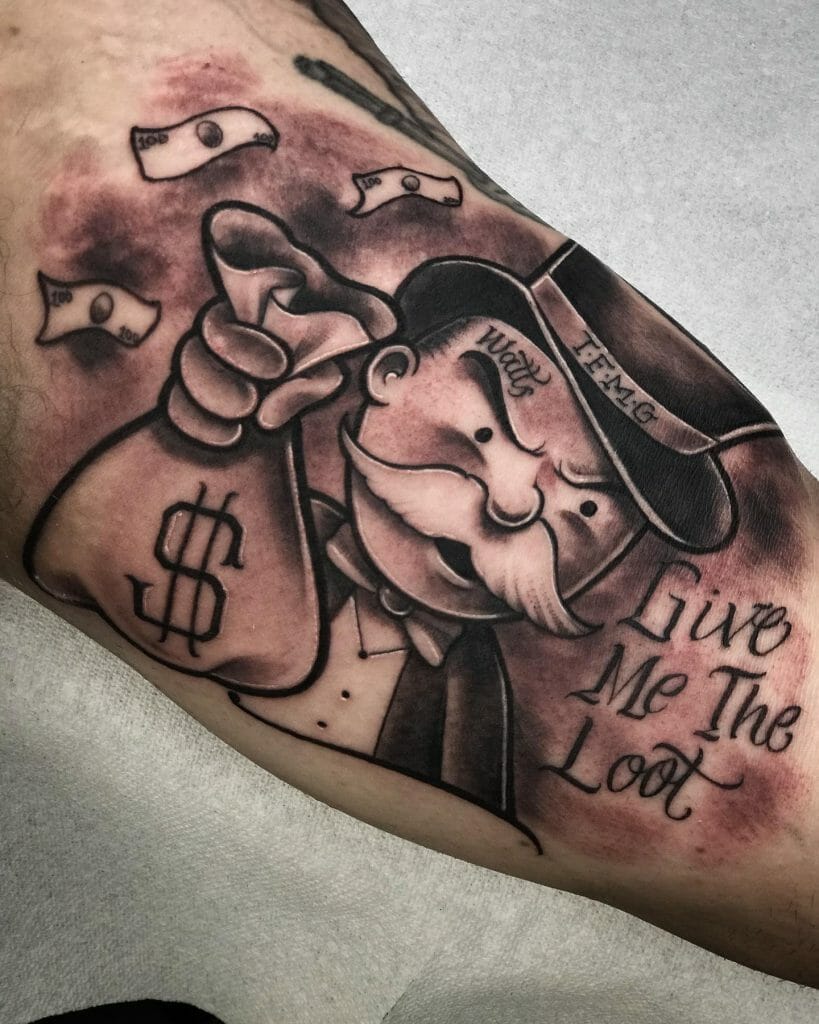 Money Bag With Monopoly Man Tattoo