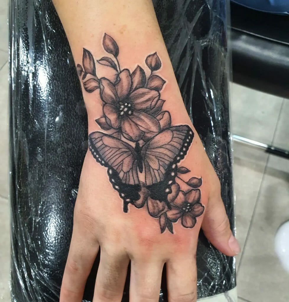 Monochromatic Floral Butterfly Tattoo