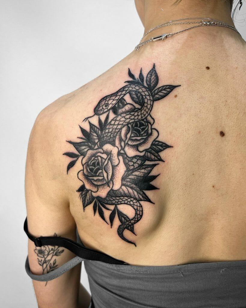 Monochromatic Rose And Snake Tattoo
