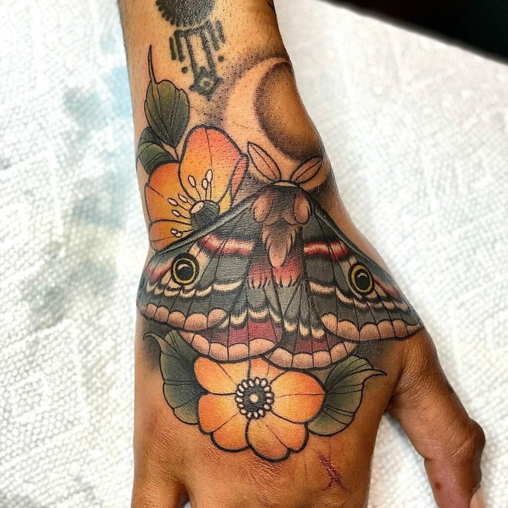 Moth N Flower Hand Tattoo For Men