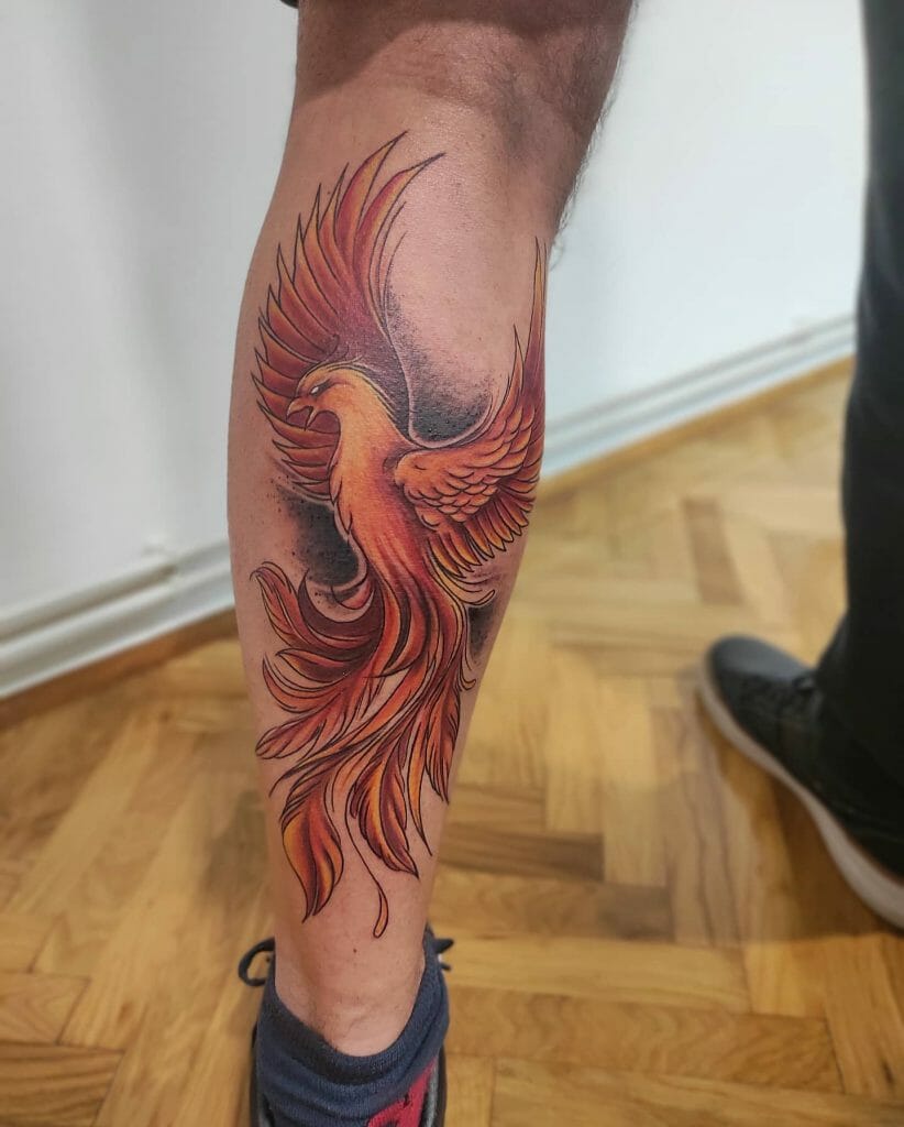 Orange Flames Phoenix Tattoo On Leg