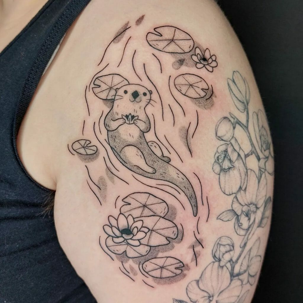Otter Tattoo in Water With Flowers