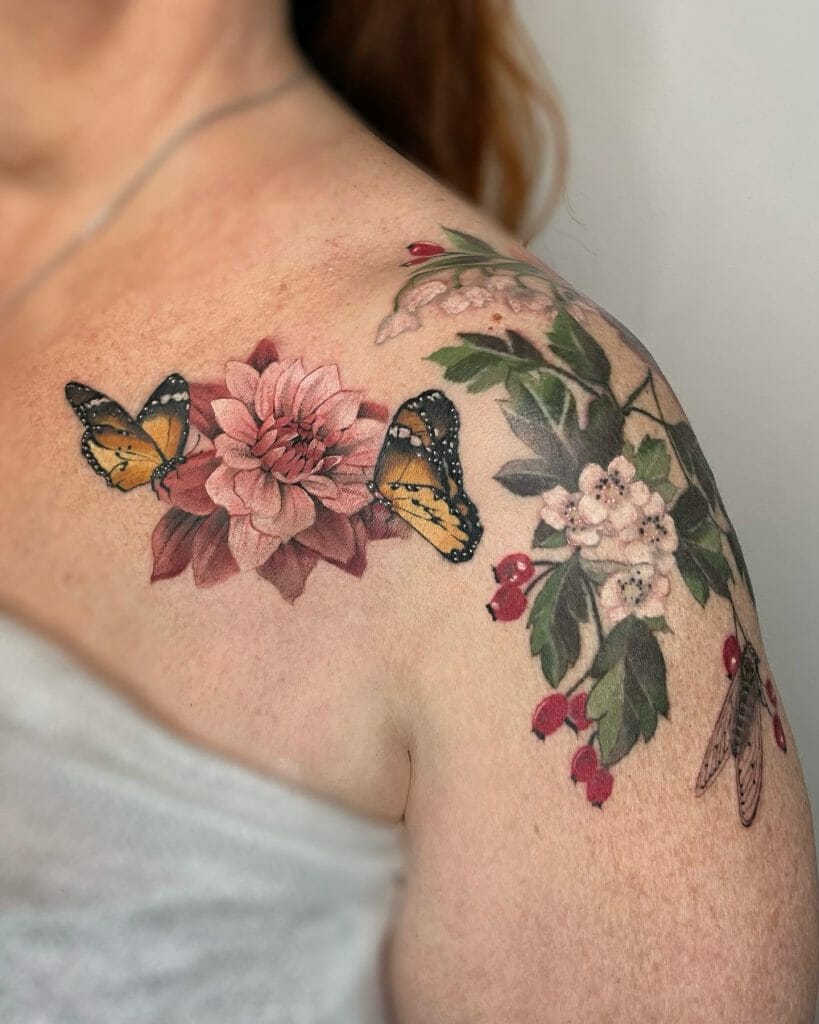 Pair of Butterflies With Flower Tattoo