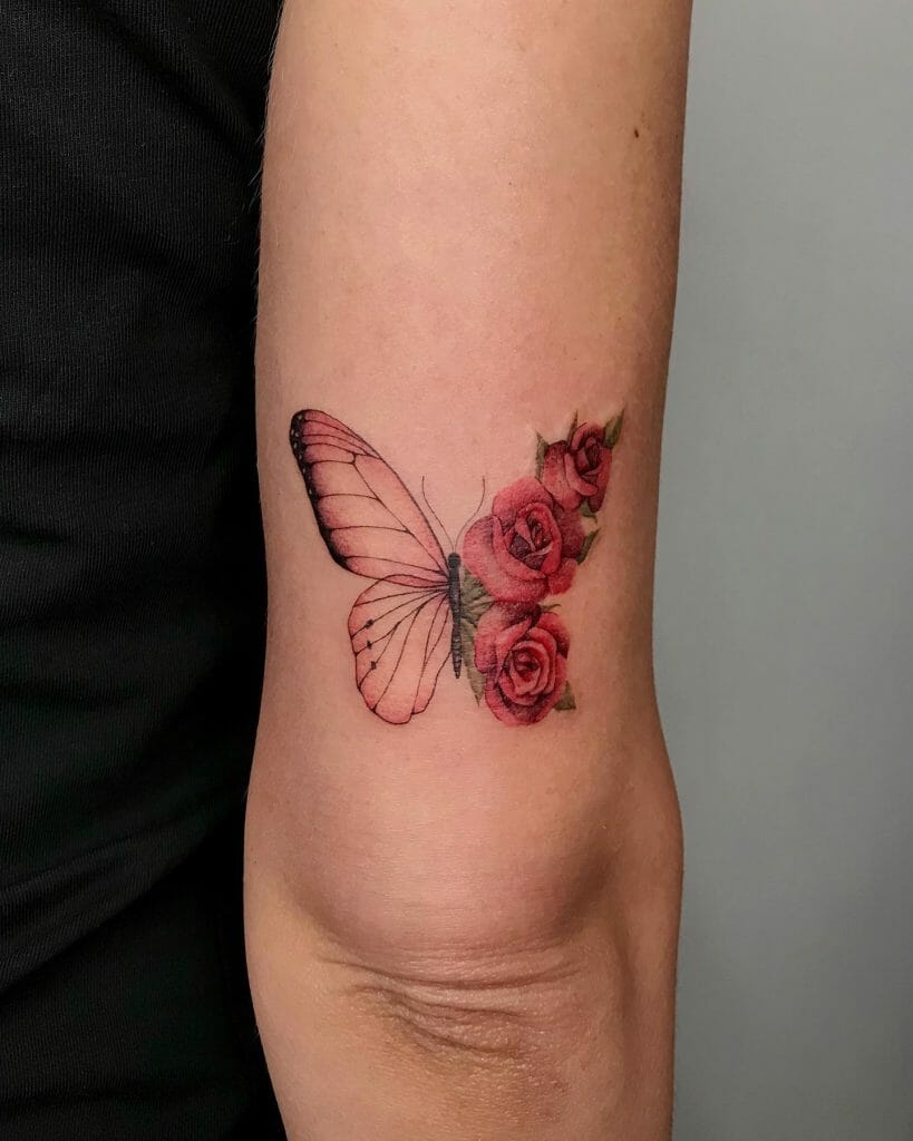 Pink Butterfly Tattoo With Rose
