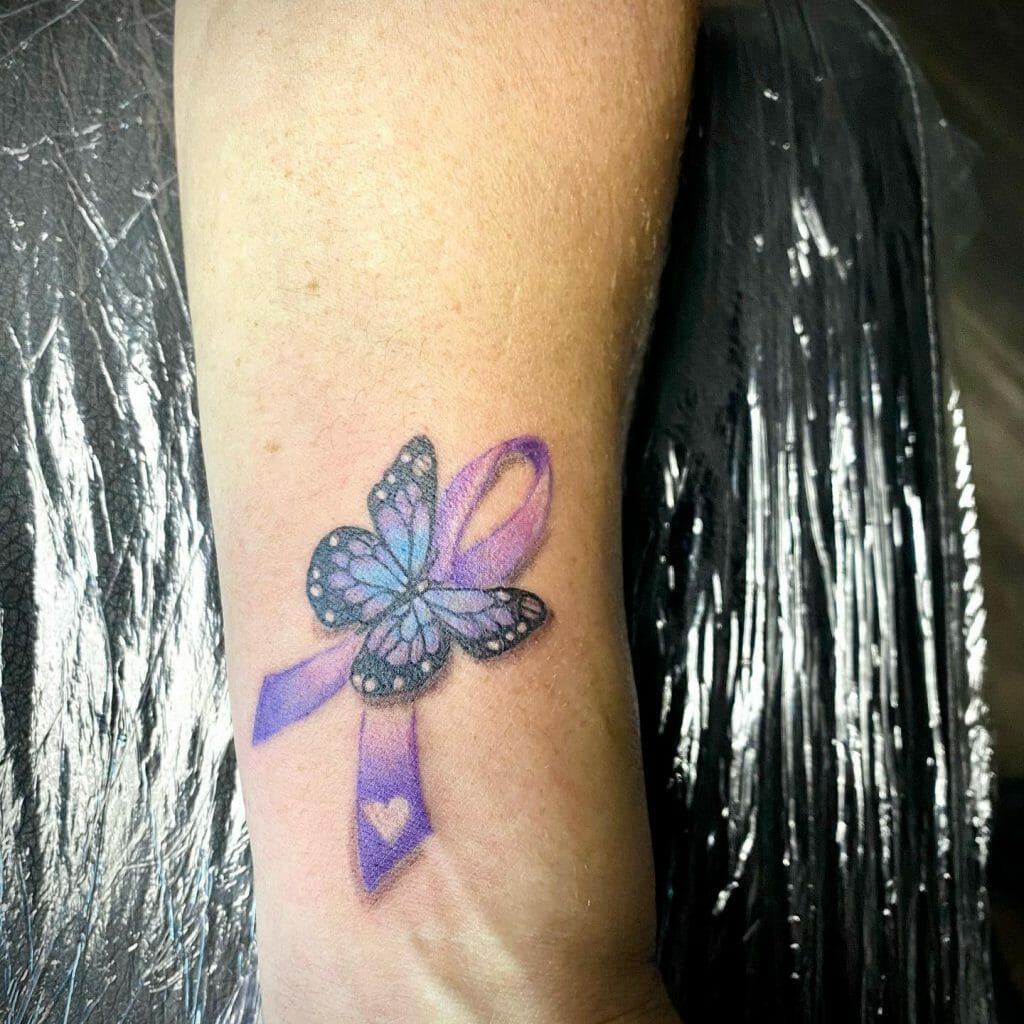 Pink and Purple Butterfly and Ribbon Tattoo for Cancer