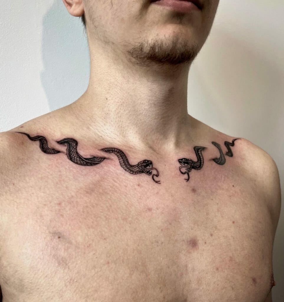 Popular Black Snakes Collarbone Tattoo In 3D