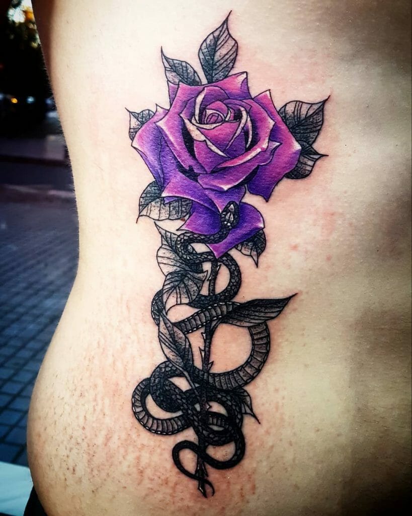 Purple Rose And Snake Tattoo