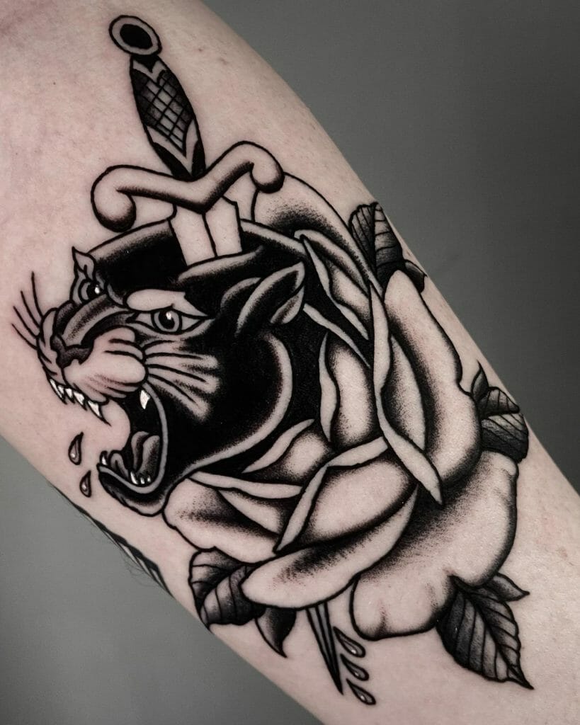 Realistic Black Panther And Dagger Tattoo