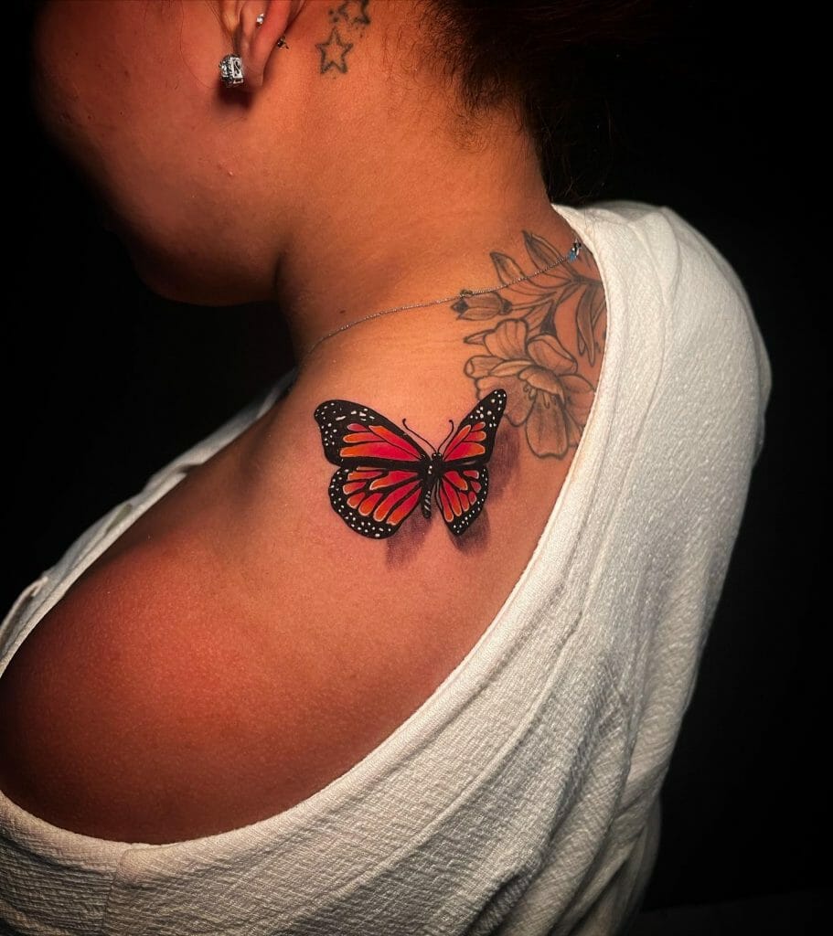 Realistic Butterfly And Flower Tattoo