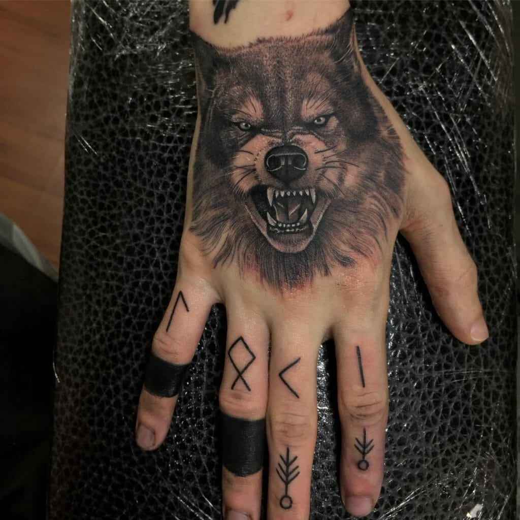 Realistic Fenrir Wolf Hand Tattoo