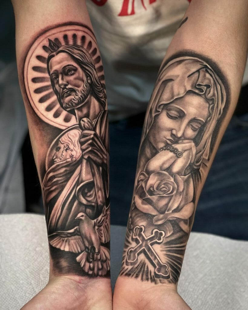 Realistic Jesus Christ And Virgin Mary Tattoos On Both Hands