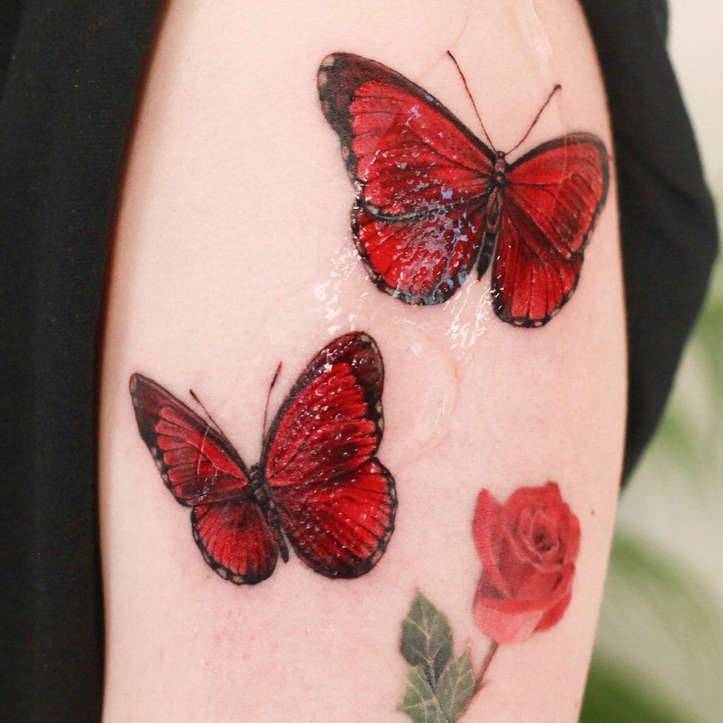 Red And Black Realistic Butterfly Tattoo