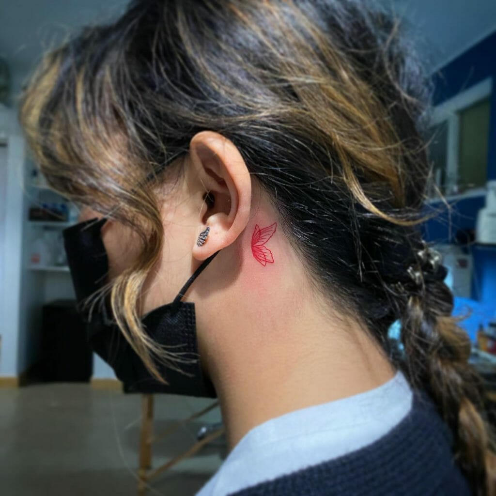 Red Butterfly Tattoo Behind Ear