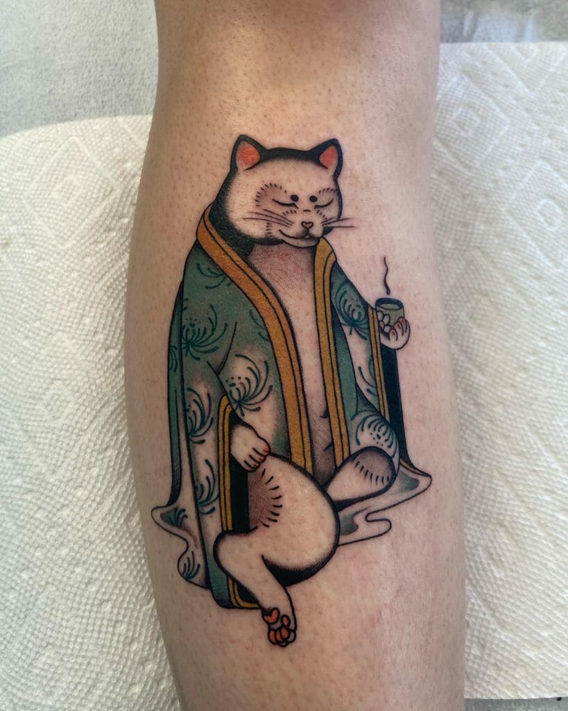 Resting Kitty Leg Sleeve Tattoo Design