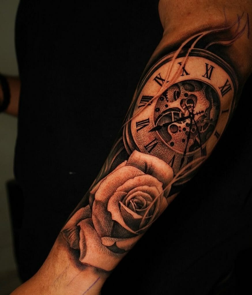Rose With Clock And Compass Tattoos