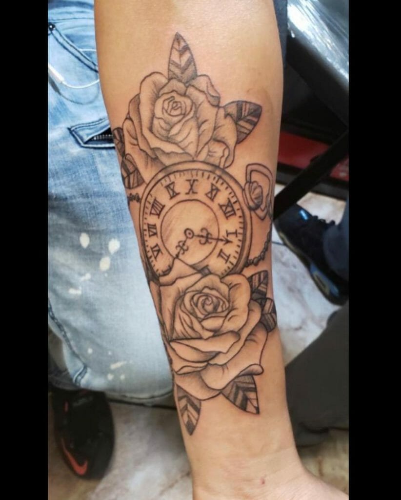Rose and Clock Tattoo Stencil Design
