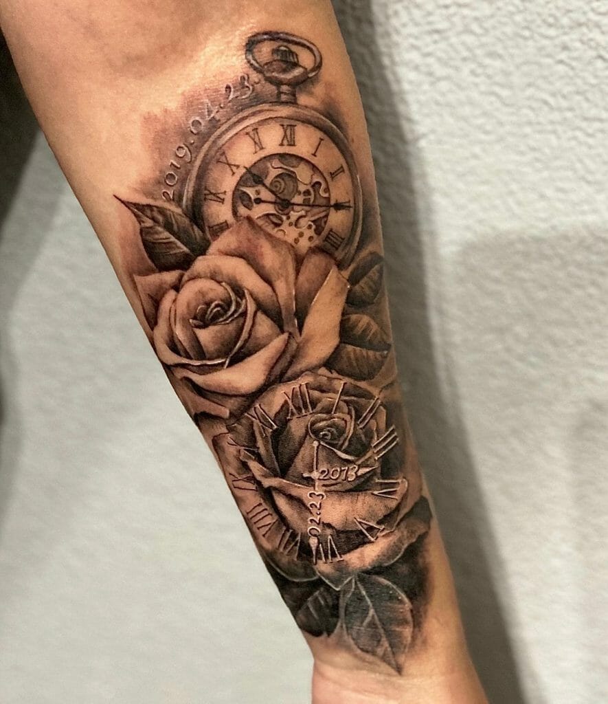 Rose and Clock Tattoo With Roman Numerals