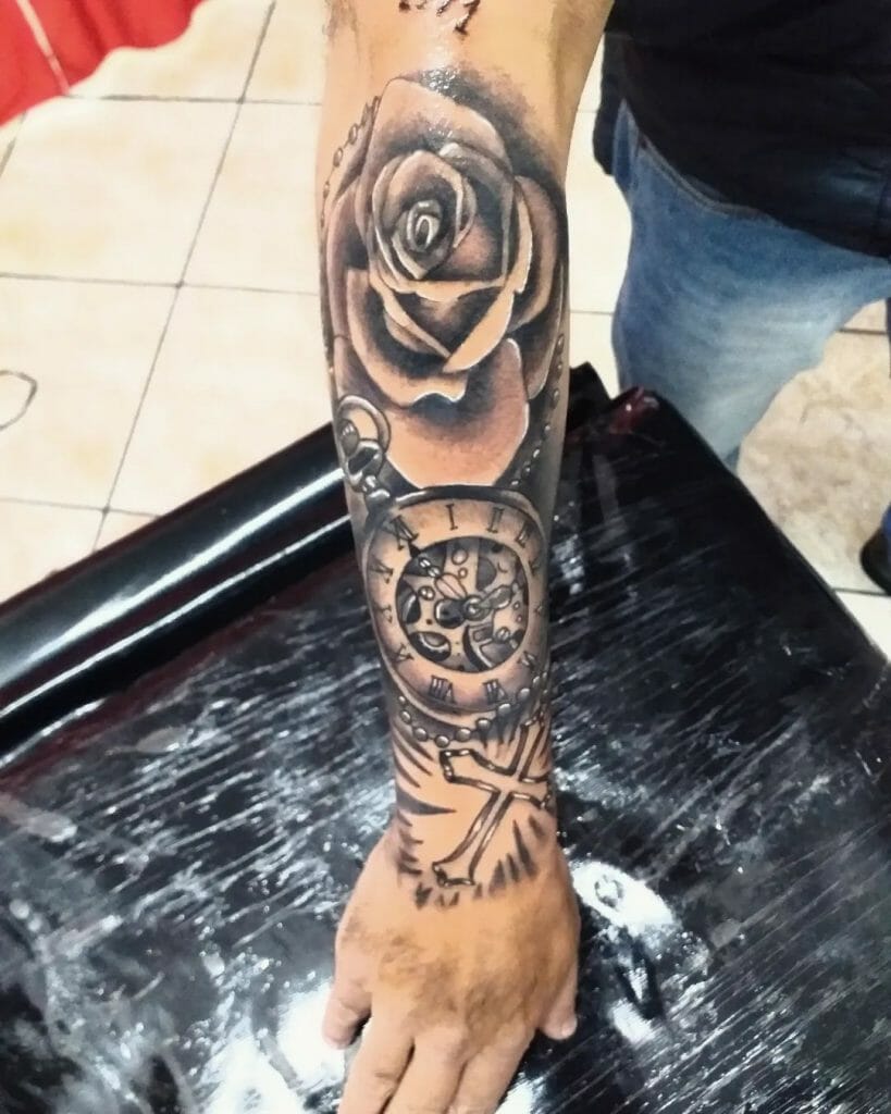 Rose and Compass Clock Tattoo
