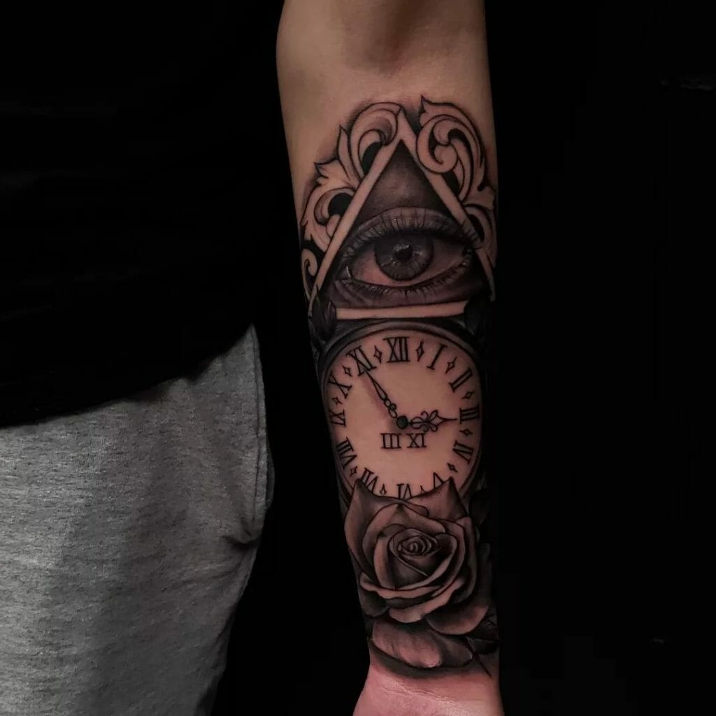 Rose and Eye Clock Tattoo