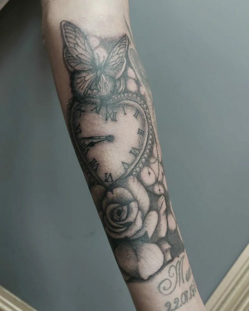 Rose and Heart Clock Tattoo