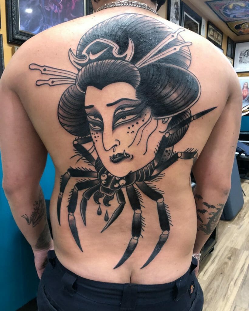 Scary Spider Geisha Tattoo