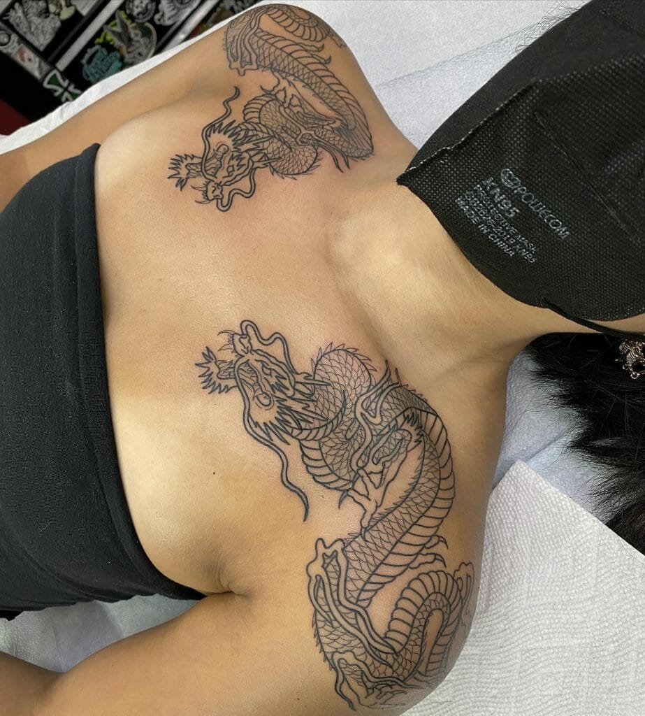 Shoulder To Chest Dragon Yakuza Tattoo For Women
