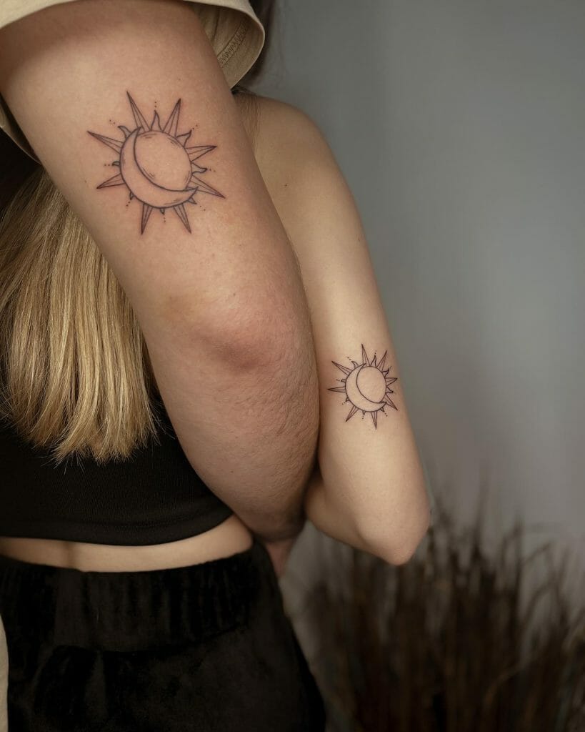 Simple Outline Matching Sun And Moon Tattoo