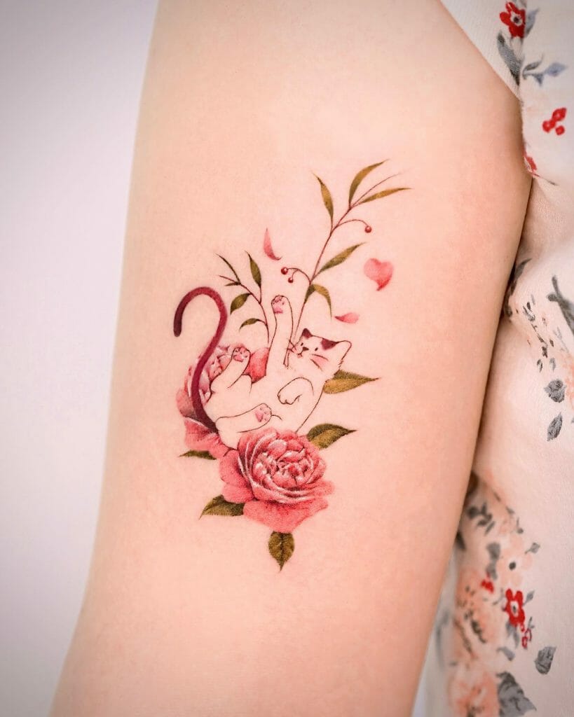 Simple Small Flower And Cat Tattoo