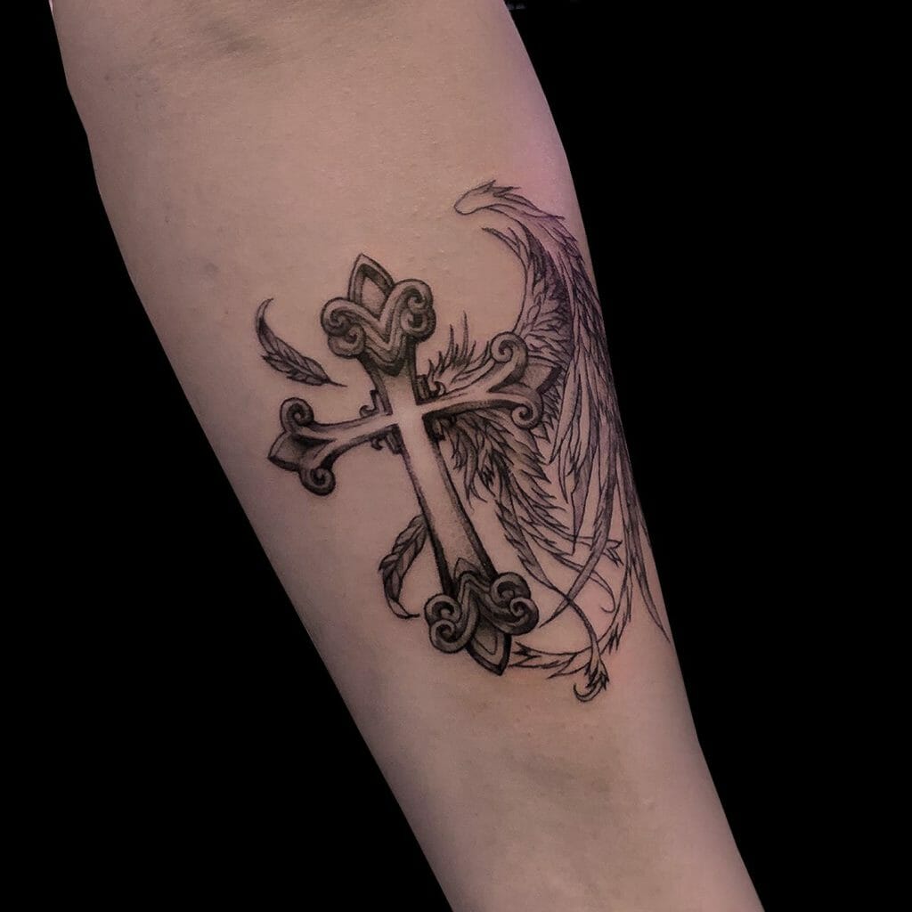 Small Cross With Angel Wings Tattoo Design